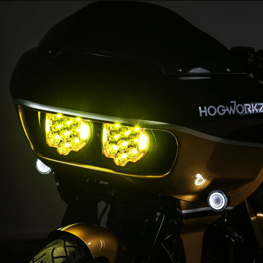 Goldtooth Performance LED Headlight installed on a Road Glide