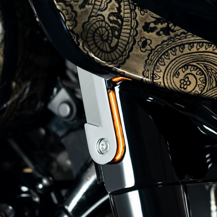 Chrome Billet Fork Turn and DRL Signals installed on a Street Glide