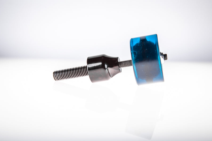 Blue Santoro Fabworx Cadillac crash bar wheel on black mount, studio product photo on white background