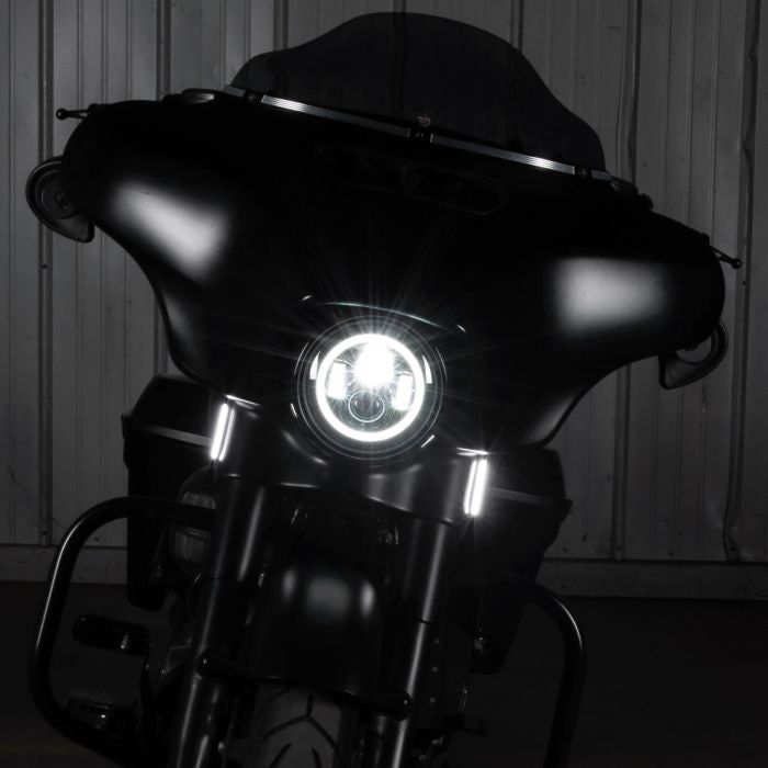 Black HALOMAKER LED Headlight installed on a motorcycle